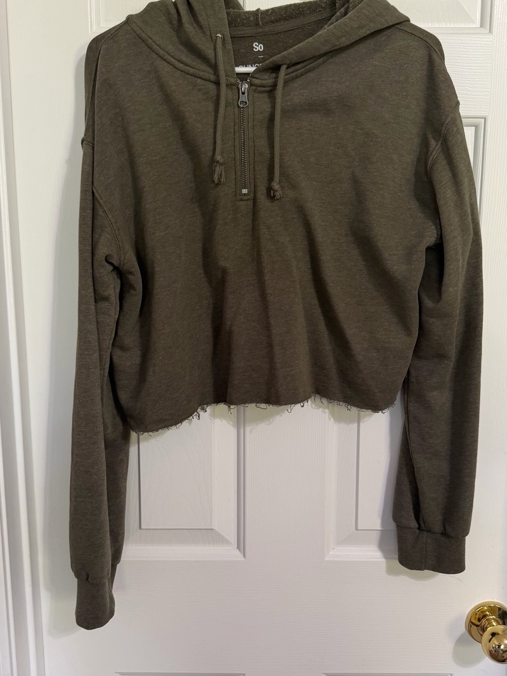 So Lounge Life Cropped Hoodie Sweatshirt with Half-Zip Olive Green